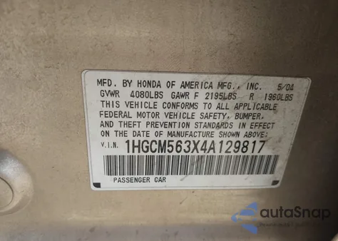 2004 Honda Accord 2.4 Lx z USA, uszkodzony, nr VIN 1HGCM563X4A129817